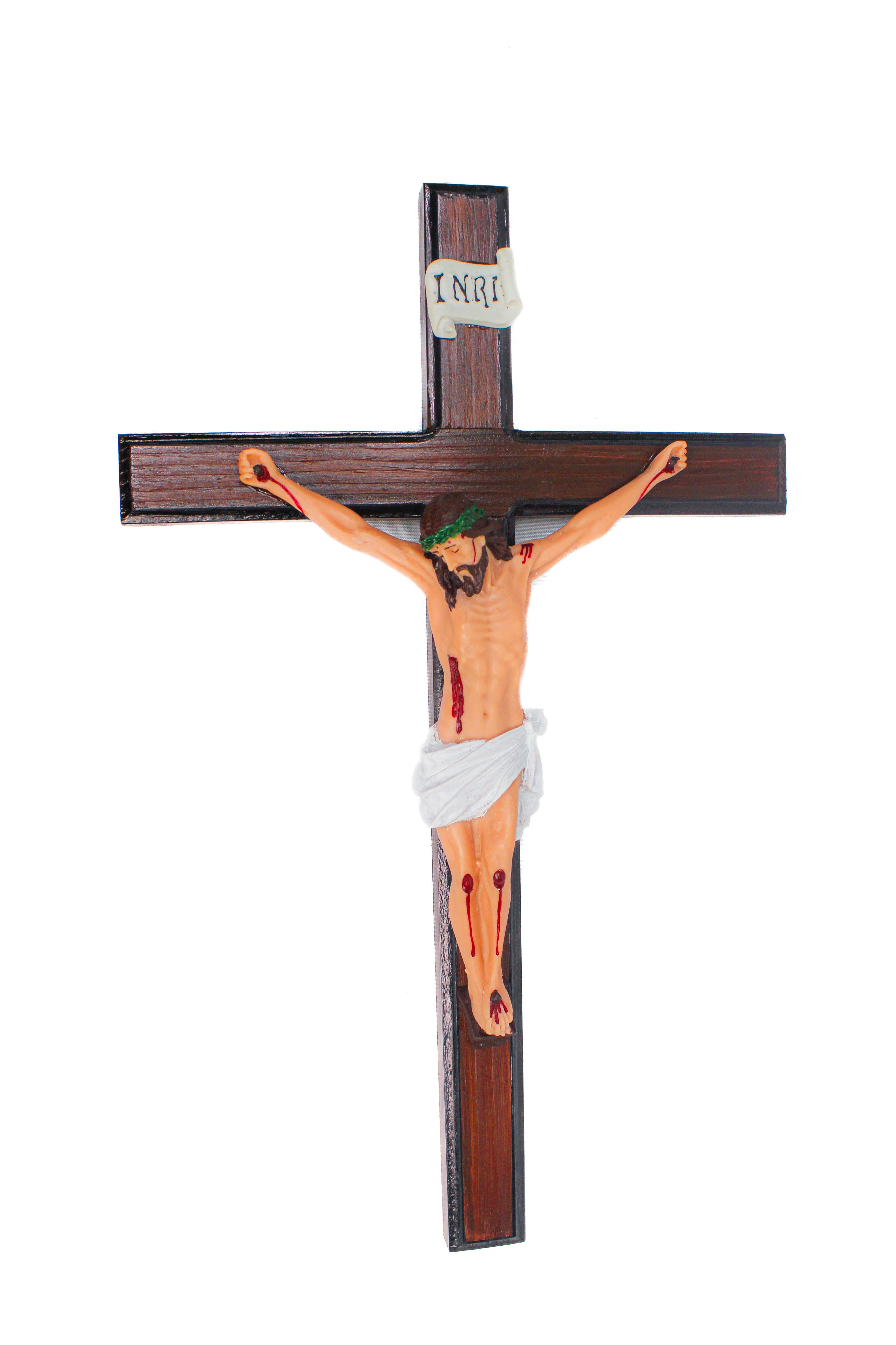 Crucifixo de resina com cruz de madeira 40 cm Crucifixo de resina com cruz de madeira 40 cm
